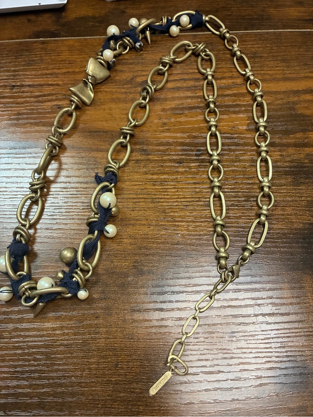 Stella & Dot French Twist Ribbon Necklace with Navy Ribbon and Ivory Beads